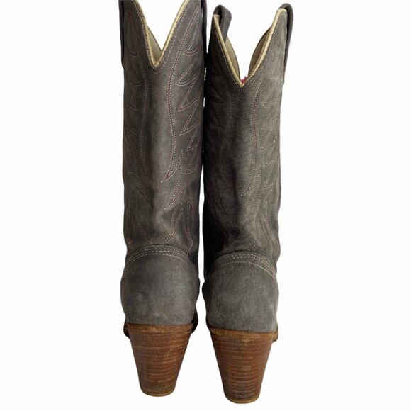 Vintage Suede Cowboy Boots Gray Leather Block Heel Red Stitching - Picture 3 of 7